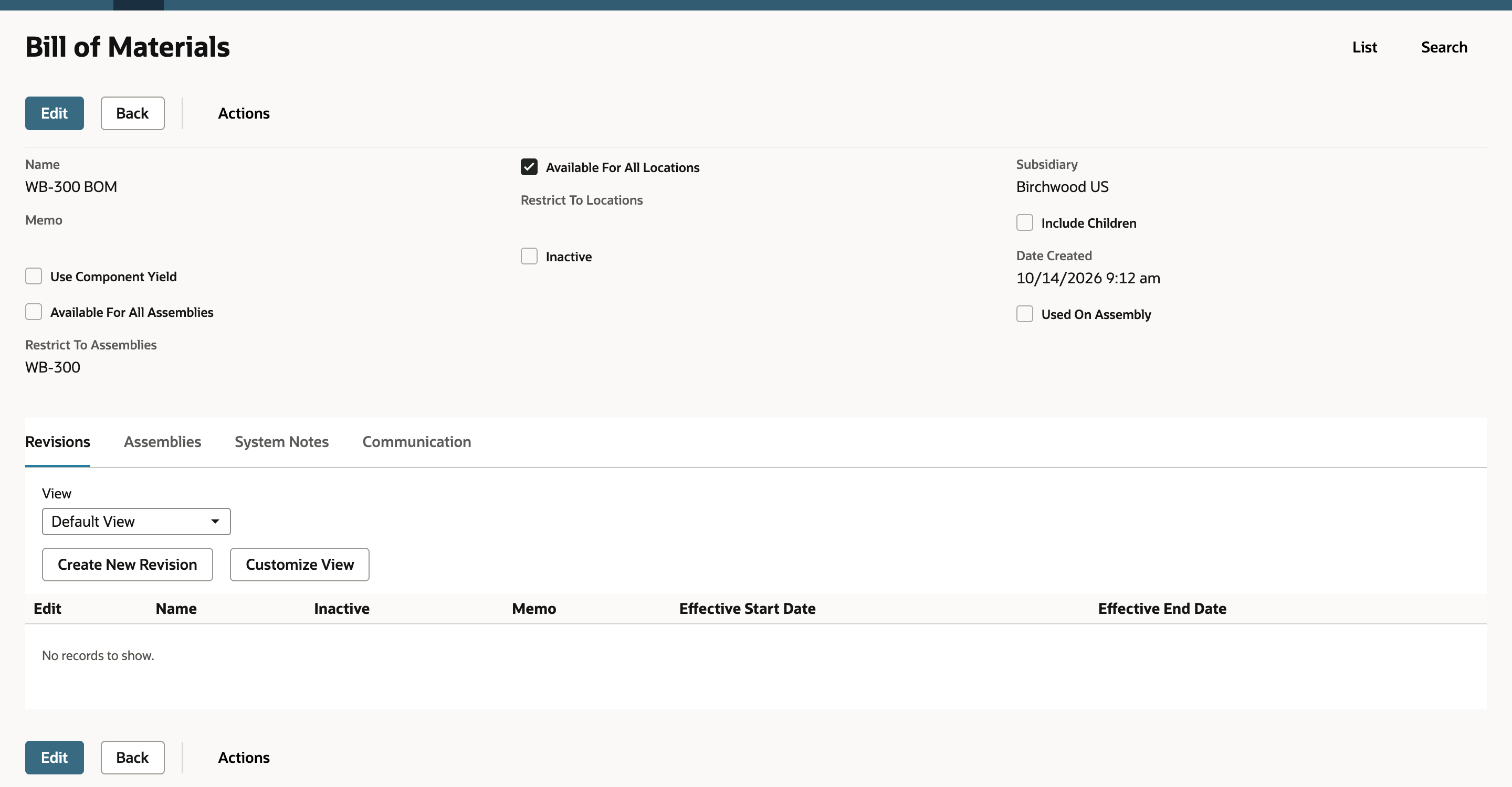 The saved WB-300 BOM with Used On Assembly cleared and an empty Revisions subtab.