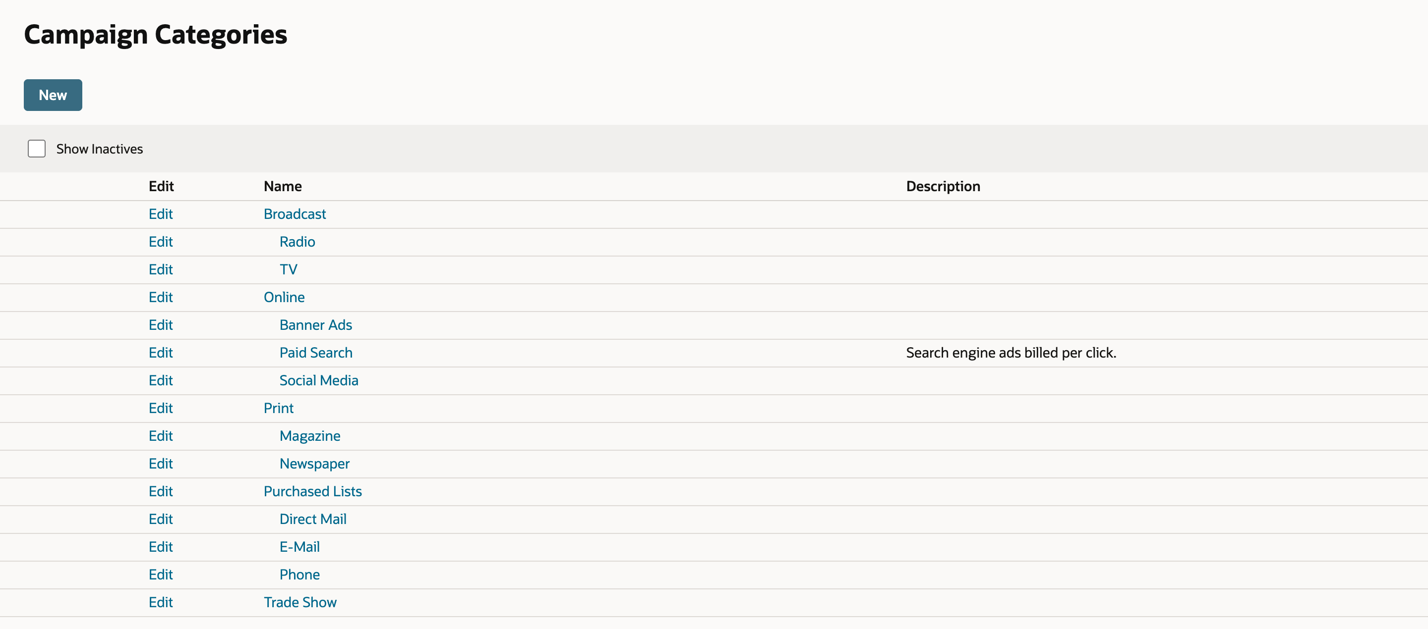 The Campaign Categories list with Paid Search indented under Online, between Banner Ads and Social Media, with the description Search engine ads billed per click. An arrow points to Paid Search.