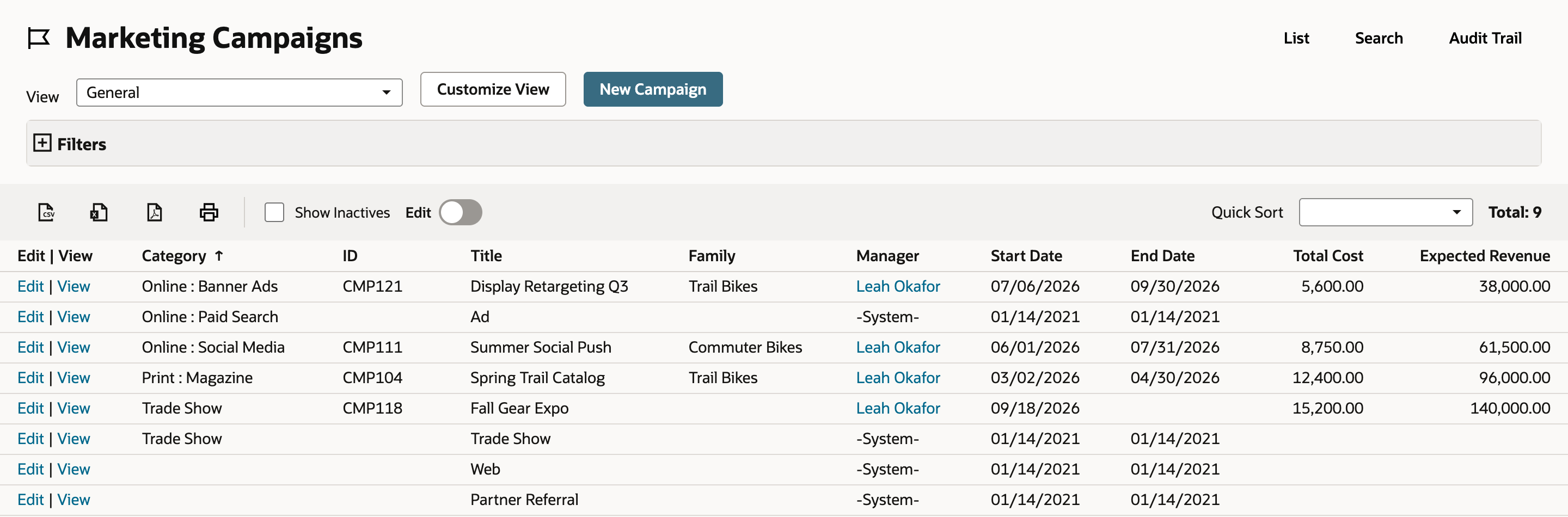 The Marketing Campaigns list with Total: 9. The second row, Ad with Manager -System-, now has Category Online : Paid Search and sorts between Online : Banner Ads and Online : Social Media. An arrow points to Online : Paid Search.