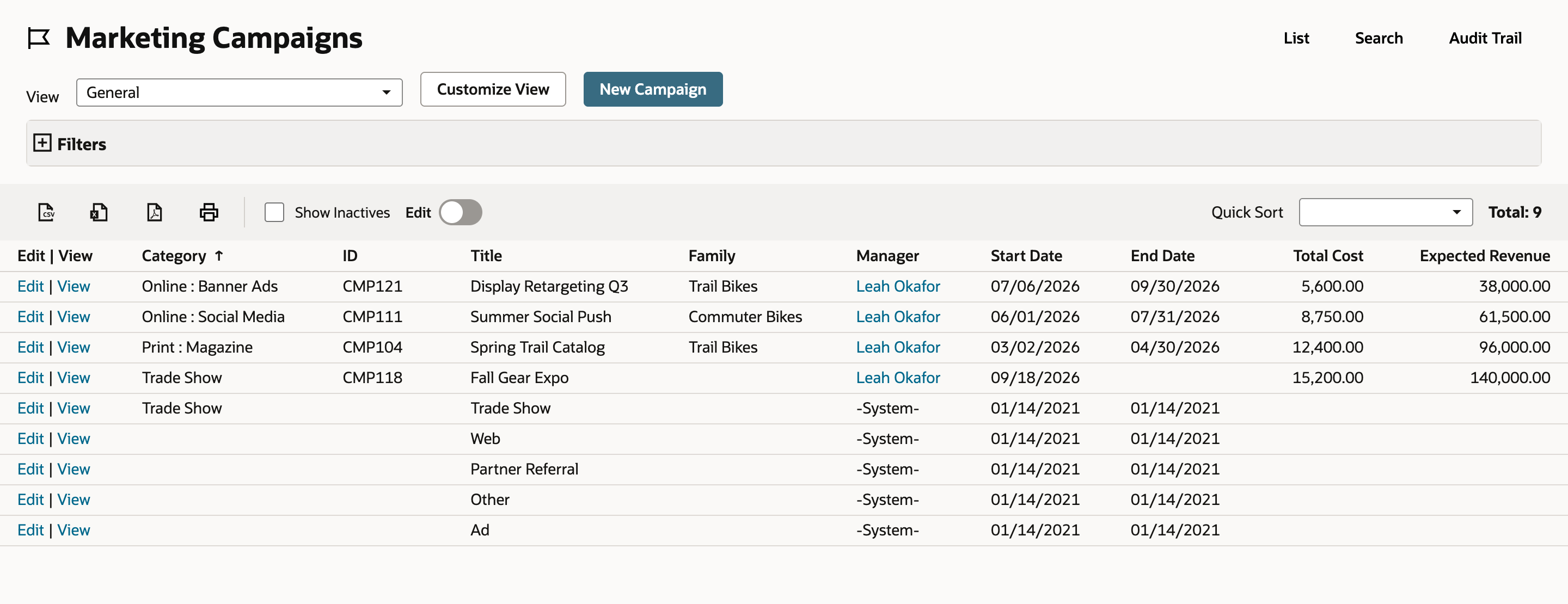 The Marketing Campaigns list with Total: 9, sorted by Category. Online : Banner Ads, Online : Social Media, Print : Magazine and Trade Show campaigns come first. Web, Partner Referral, Other and Ad have Manager -System- and no Category. An arrow points to Ad.