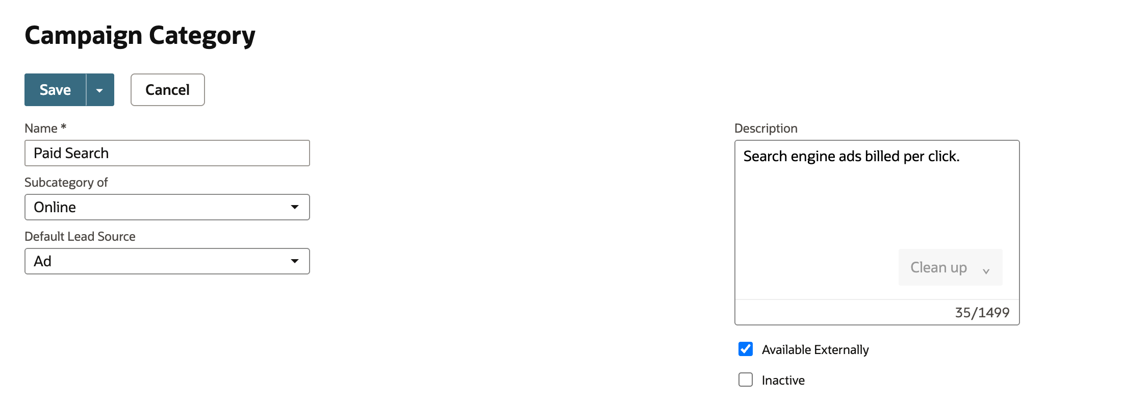 The Campaign Category form with Name Paid Search, Subcategory of Online, Default Lead Source Ad, Description Search engine ads billed per click., Available Externally checked and Inactive cleared.