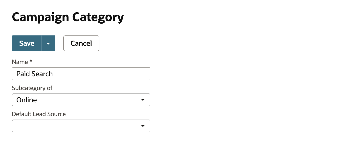 A new Campaign Category with Name Paid Search, Subcategory of Online, and an empty Default Lead Source.