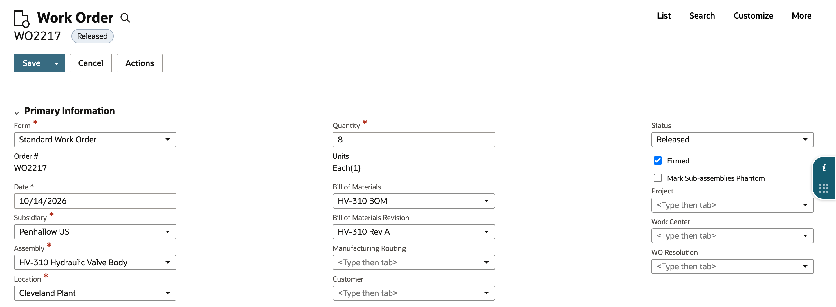 Work Order WO2217 in edit mode with Status Released and the Firmed box checked. An arrow points to the Status field.