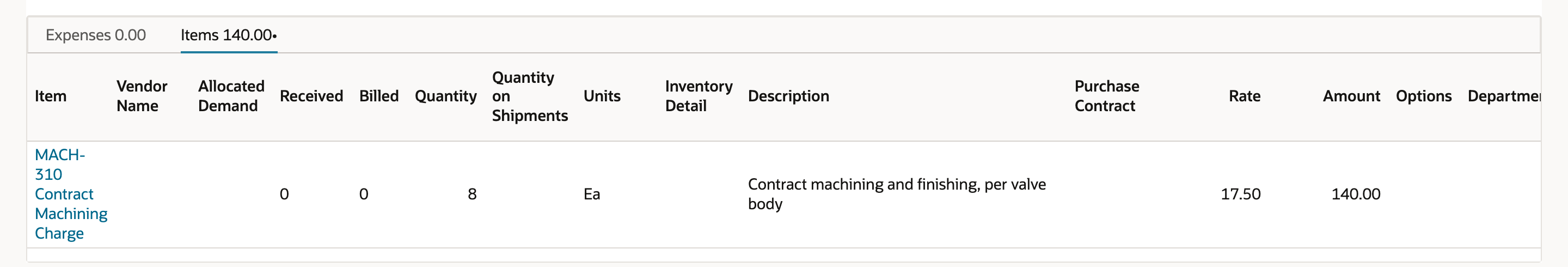Purchase order Items line: MACH-310 Contract Machining Charge, Quantity 8, Rate 17.50, Amount 140.00.