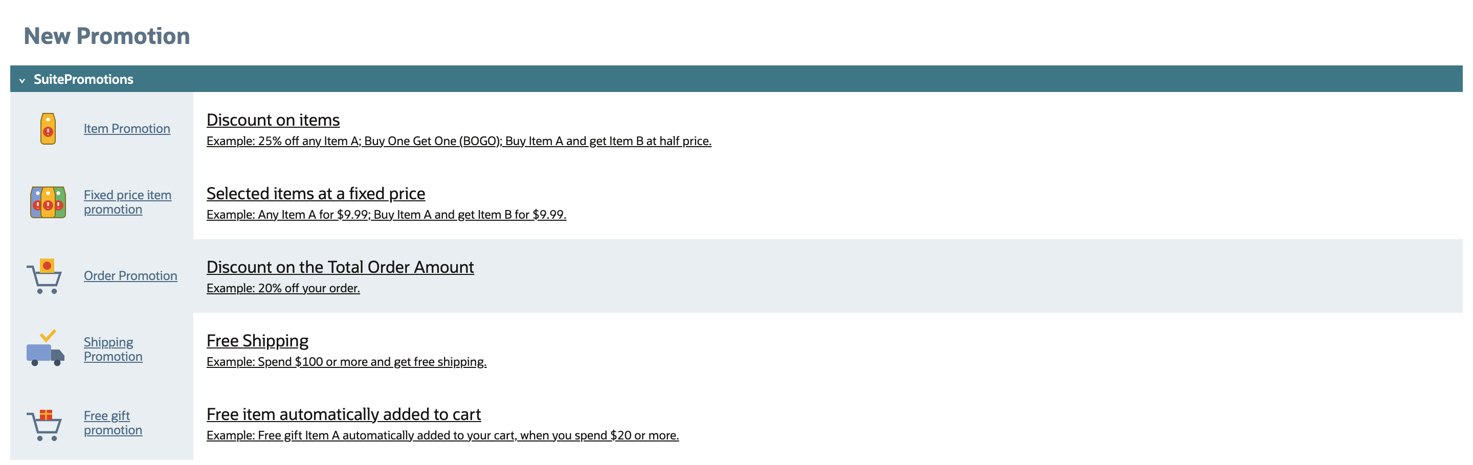 The New Promotion page listing five SuitePromotions types. An arrow points to Discount on the Total Order Amount, Example: 20% off your order, next to Order Promotion.
