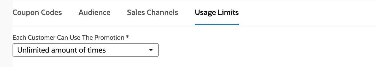 The Usage Limits subtab with Each Customer Can Use The Promotion set to Unlimited amount of times.