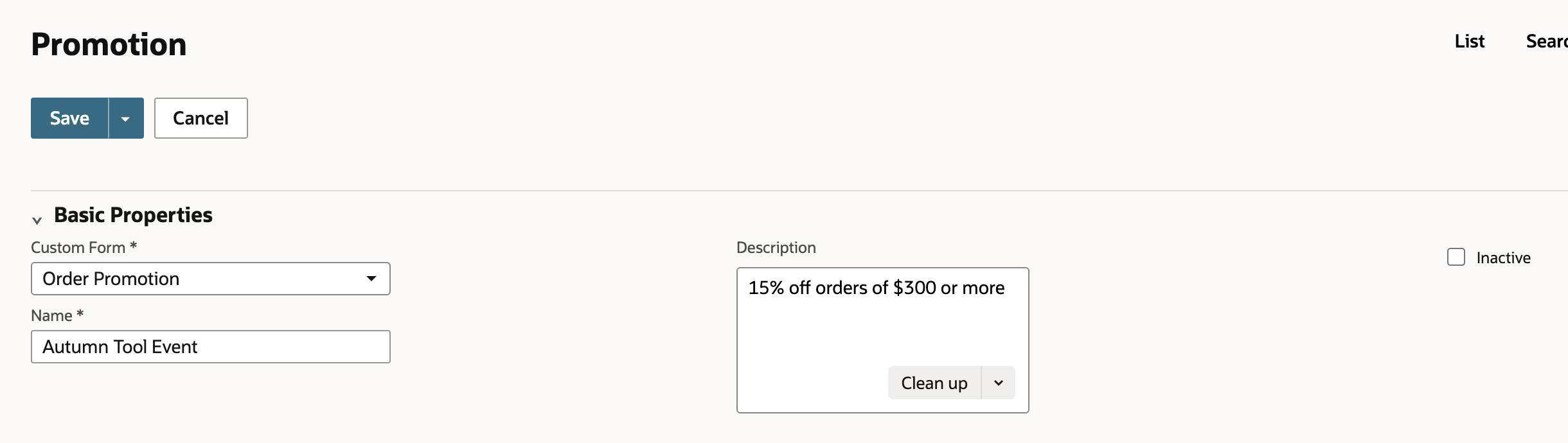 The Promotion form with Custom Form Order Promotion, Name Autumn Tool Event, and Description 15% off orders of $300 or more.