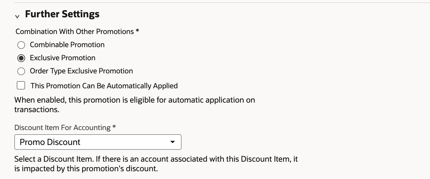 Further Settings with Exclusive Promotion selected, This Promotion Can Be Automatically Applied unchecked, and Discount Item For Accounting set to Promo Discount. An arrow points to Exclusive Promotion.