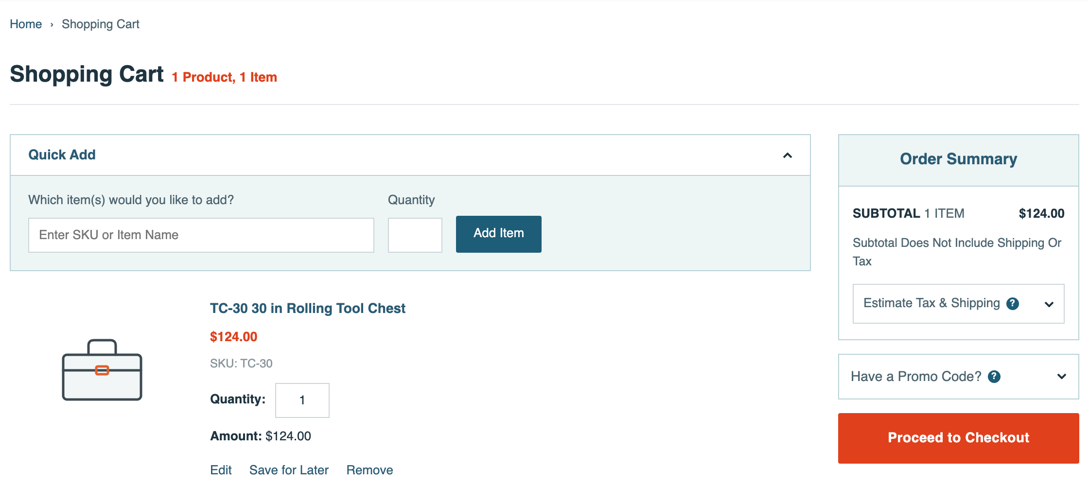 The Larkspur Supply shopping cart with 1 TC-30 30 in Rolling Tool Chest at $124.00, quantity 1. The Order Summary shows SUBTOTAL 1 ITEM $124.00 and a collapsed Have a Promo Code? section.