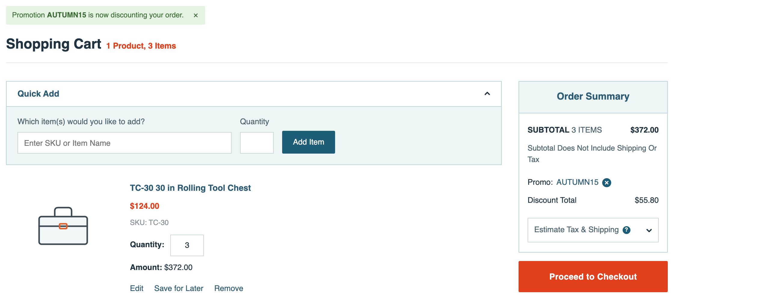 The cart with Promotion AUTUMN15 is now discounting your order. Quantity 3, Amount $372.00. The Order Summary shows SUBTOTAL 3 ITEMS $372.00, Promo: AUTUMN15, and Discount Total $55.80. An arrow points to $55.80.