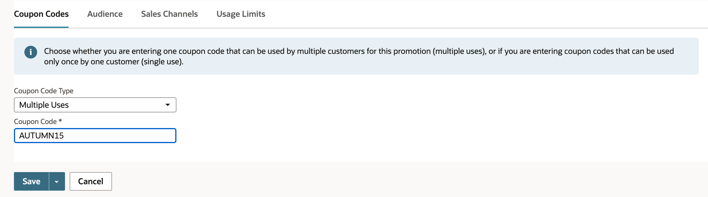 The Coupon Codes subtab with Coupon Code Type Multiple Uses and Coupon Code AUTUMN15, above the Save button.