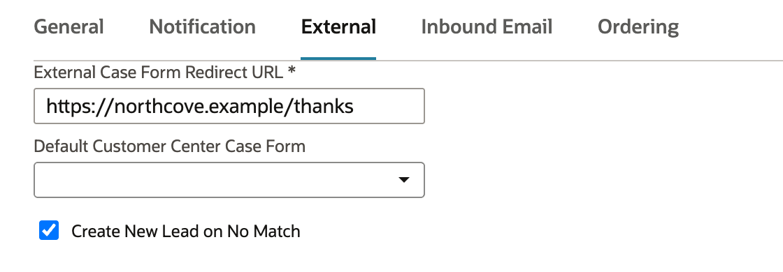 Support Preferences External subtab with the Create New Lead on No Match checkbox checked and marked by a red arrow, before Save is clicked.