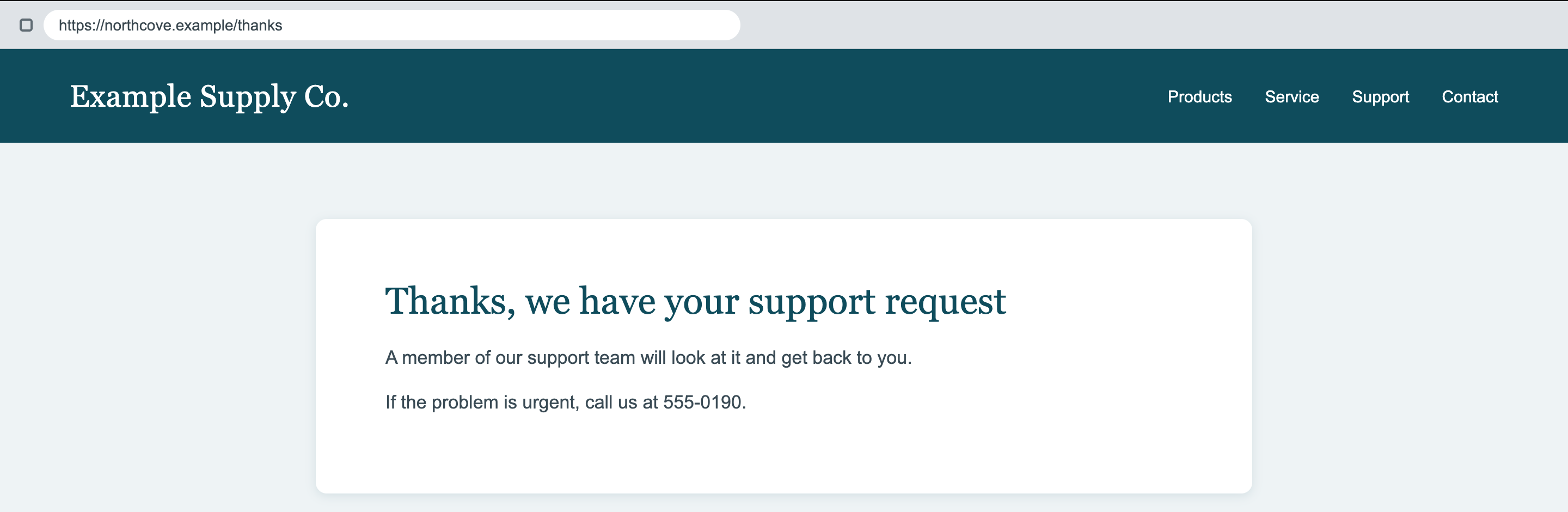 Browser at https://northcove.example/thanks showing the heading Thanks, we have your support request.