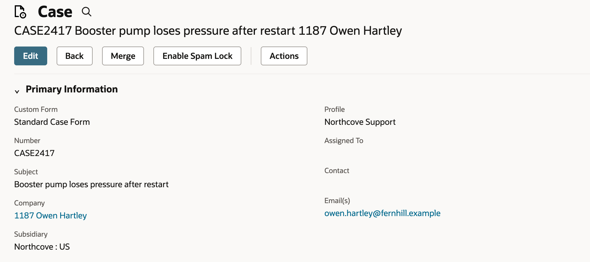 Case CASE2417 with Company 1187 Owen Hartley marked by a red arrow, email owen.hartley@fernhill.example, and a blank Contact.