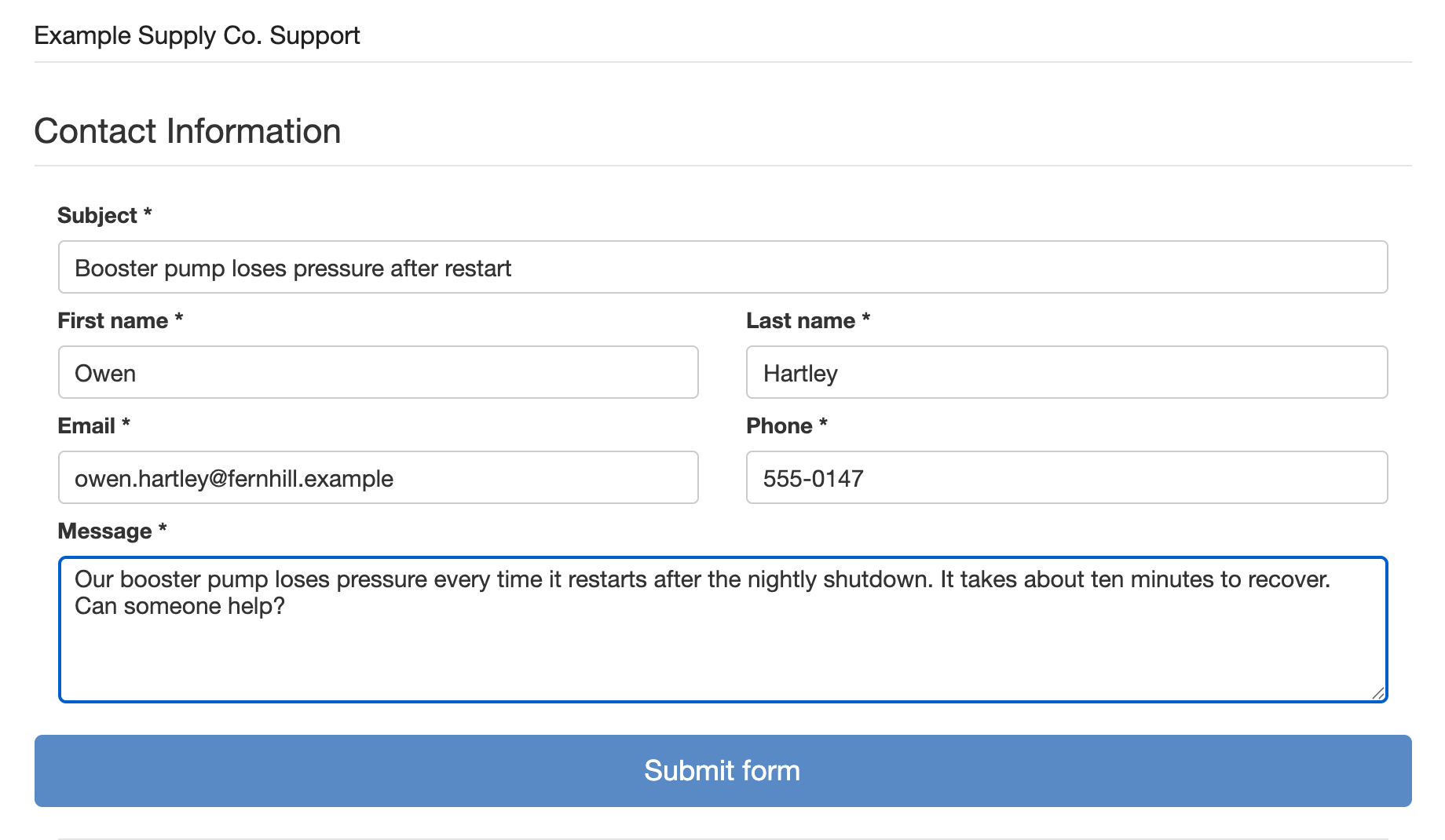 Public case form filled in with subject Booster pump loses pressure after restart, first name Owen, last name Hartley, email owen.hartley@fernhill.example, phone 555-0147, and a message, above the Submit form button.