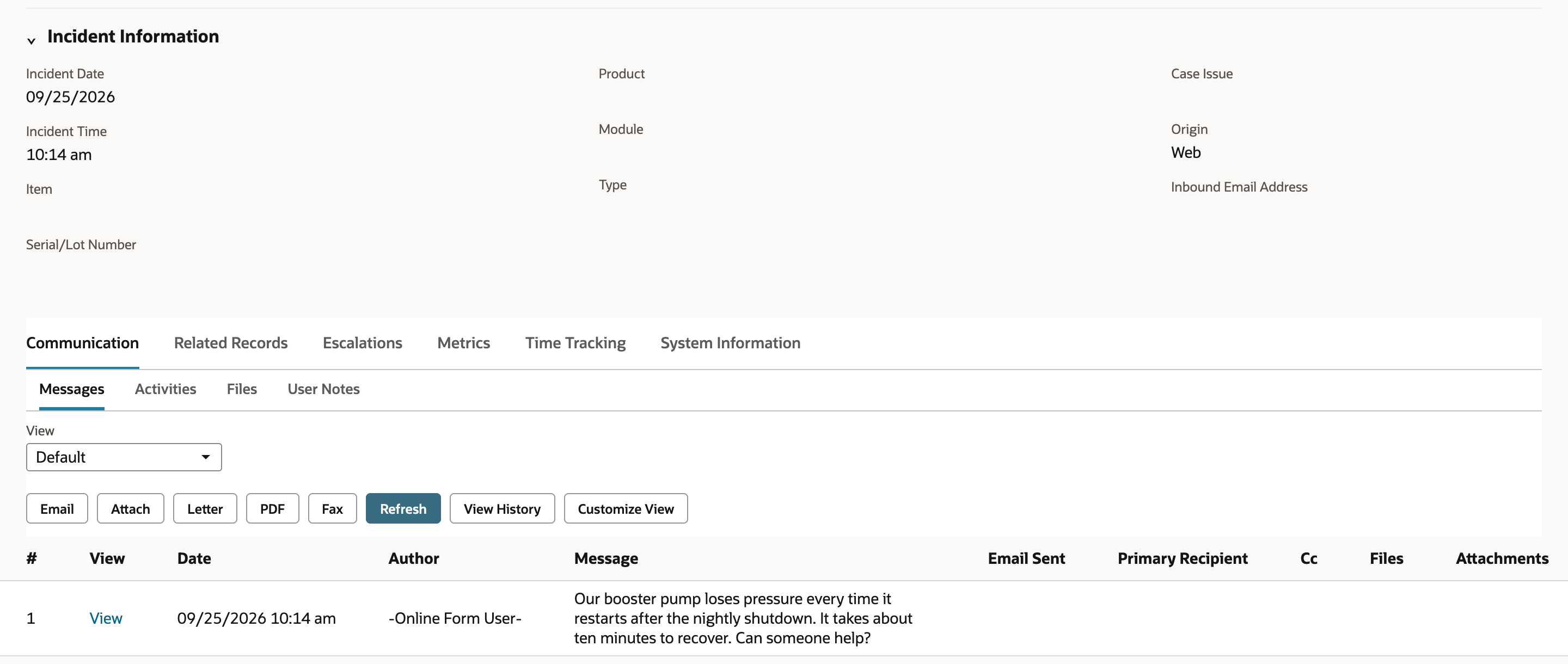 Case CASE2417 with Origin Web marked by a red arrow, and the Messages subtab showing message 1 from -Online Form User- with the visitor's text about the booster pump.