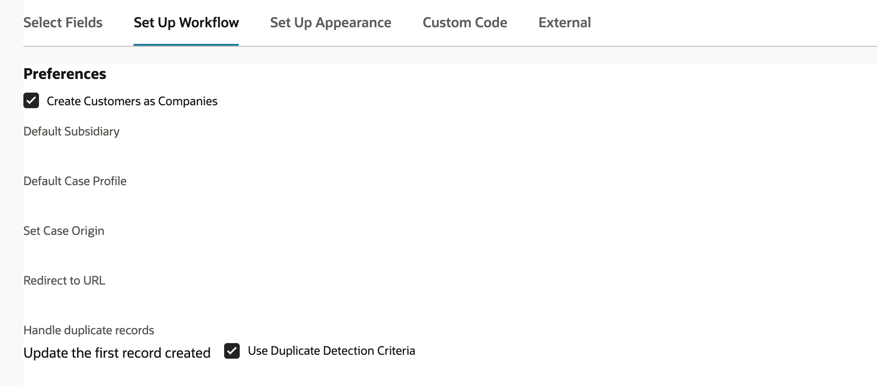 Online case form Set Up Workflow subtab with Redirect to URL empty, marked by a red arrow, and Use Duplicate Detection Criteria checked.