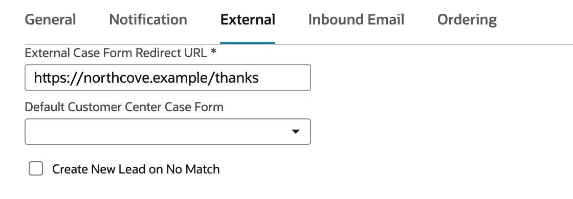 Support Preferences External subtab with the redirect URL https://northcove.example/thanks, a blank Default Customer Center Case Form, and the Create New Lead on No Match checkbox cleared and marked by a red arrow.