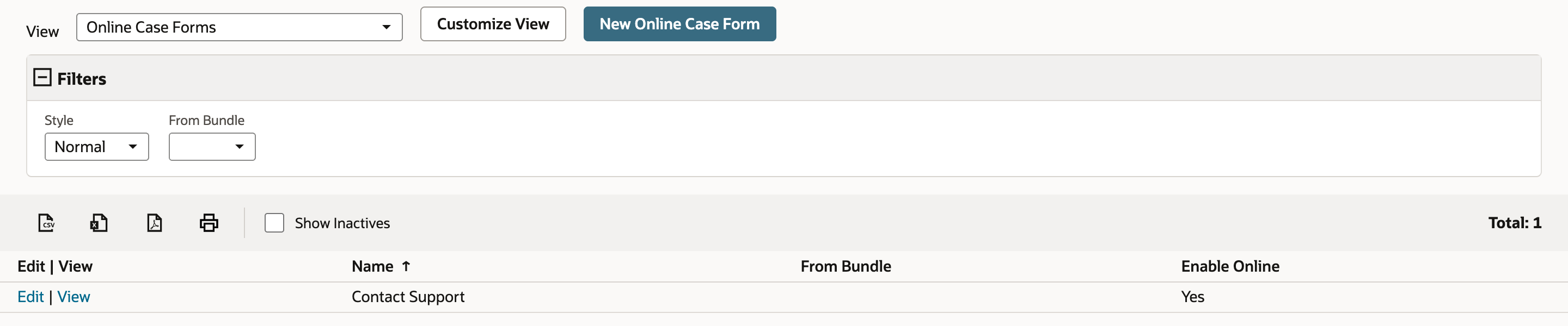 Online Case Forms list with one form, Contact Support, and Enable Online set to Yes, marked by a red arrow.