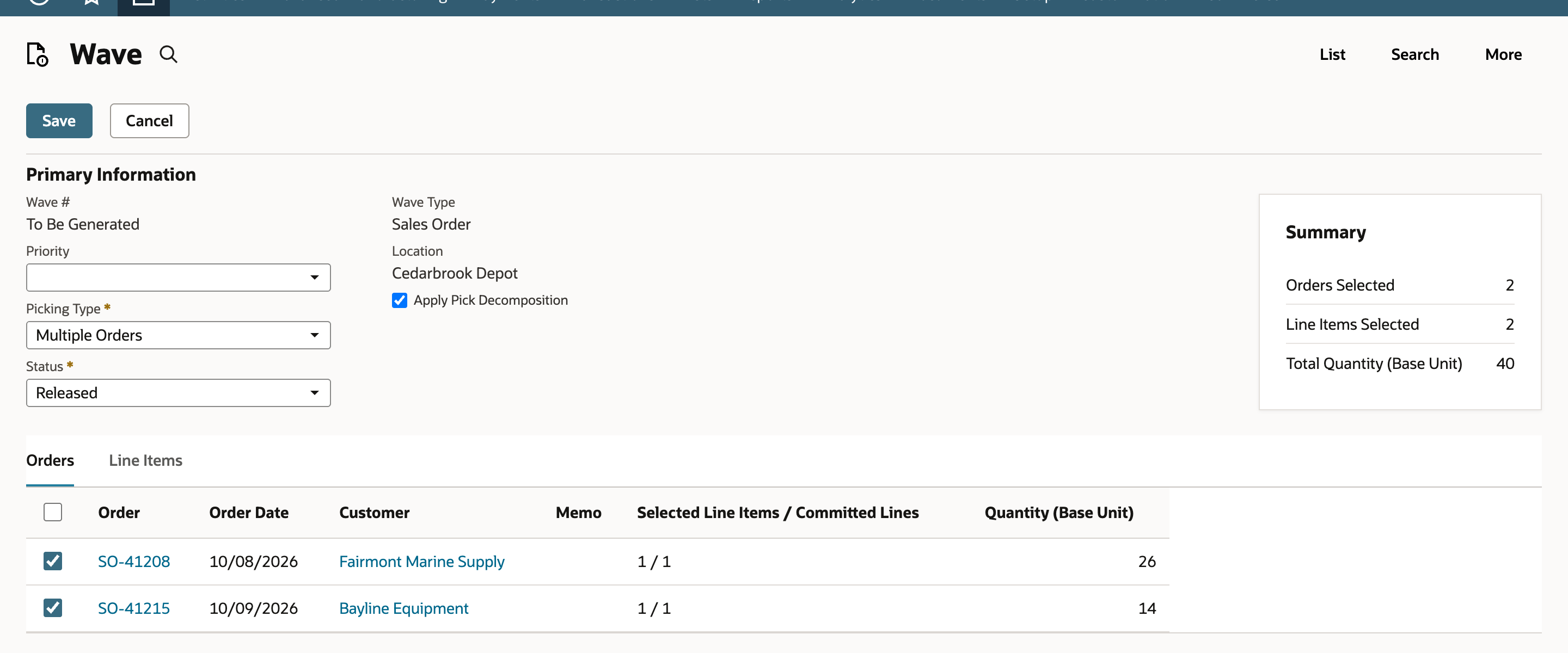 The draft Wave with Picking Type Multiple Orders, Status Released, orders SO-41208 and SO-41215 selected and a Summary of 2 orders, 2 line items and a total quantity of 40.