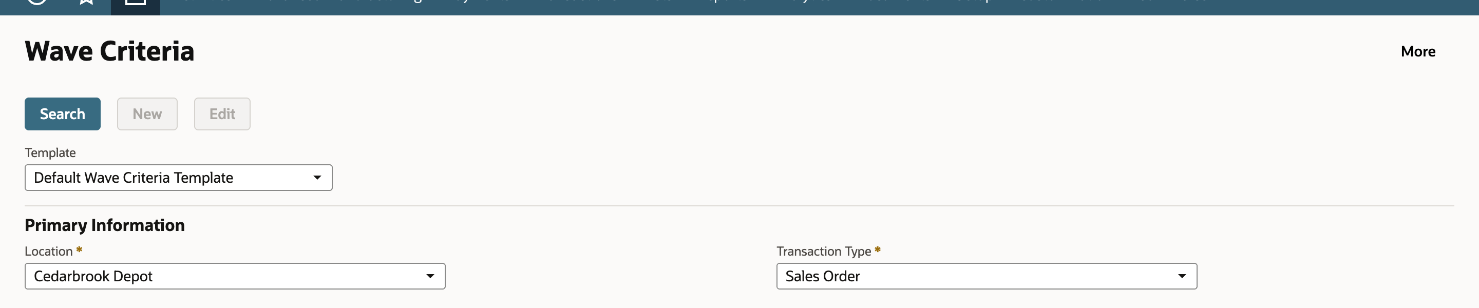 Wave Criteria with the template, the location Cedarbrook Depot and the transaction type Sales Order.