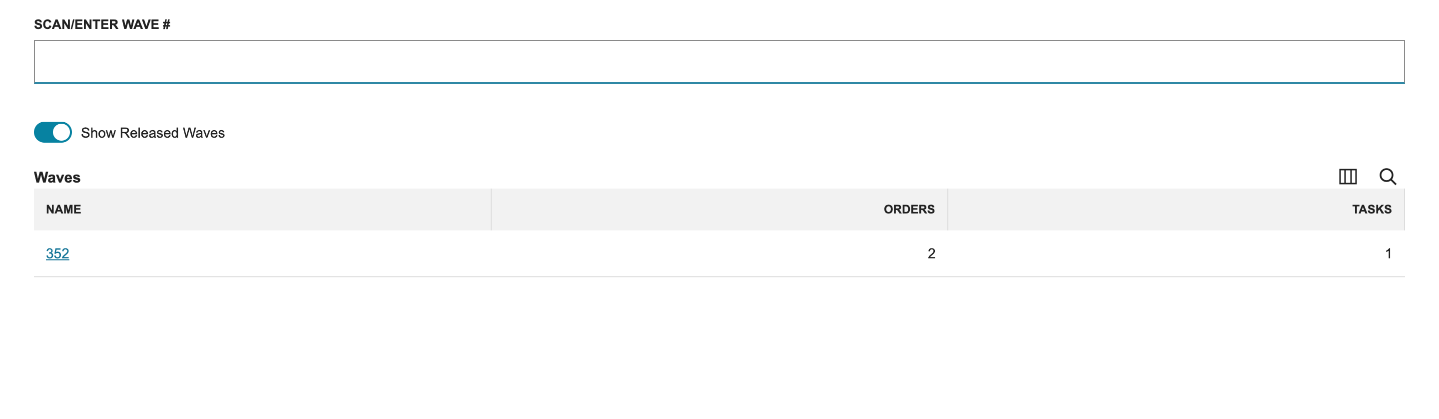 Select Wave on SCM Mobile listing wave 352 with 2 orders and 1 task.