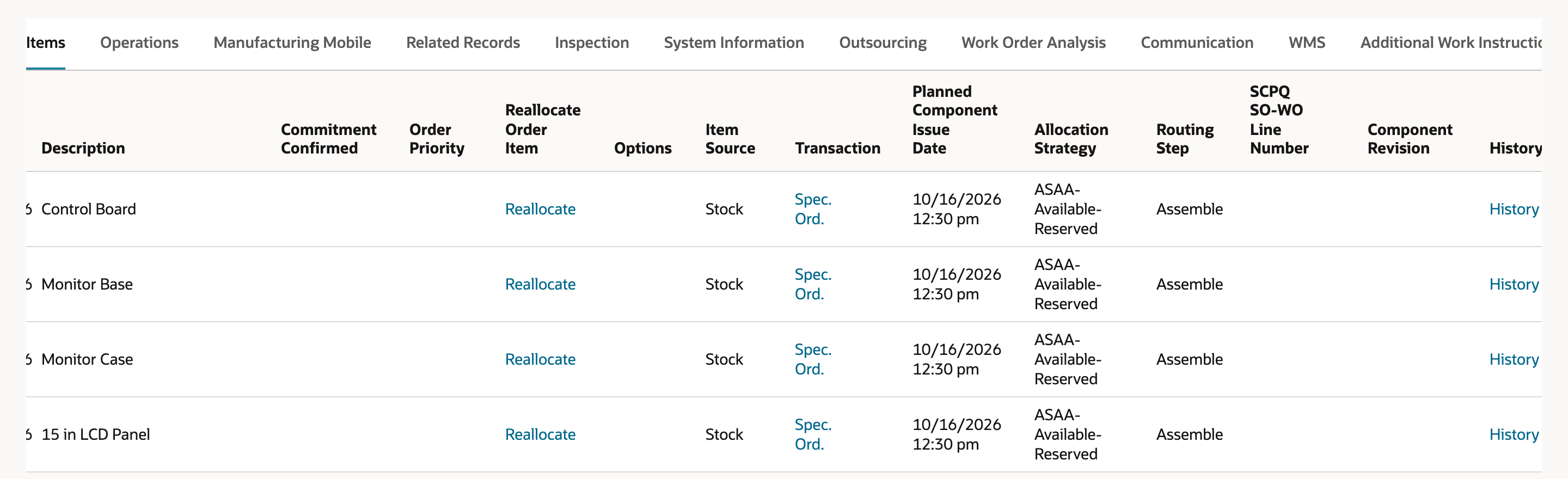 The Items subtab scrolled right, with Item Source Stock and a Spec. Ord. link in the Transaction column of all four lines.
