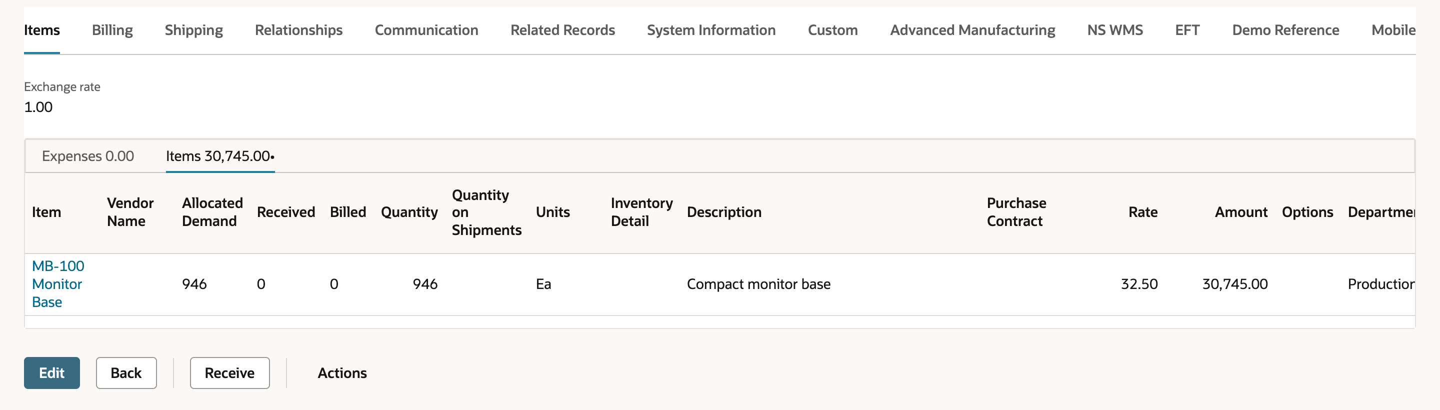 The Items sublist of PO7305 with MB-100 Monitor Base, Allocated Demand 946, Quantity 946, Rate 32.50 and Amount 30,745.00.