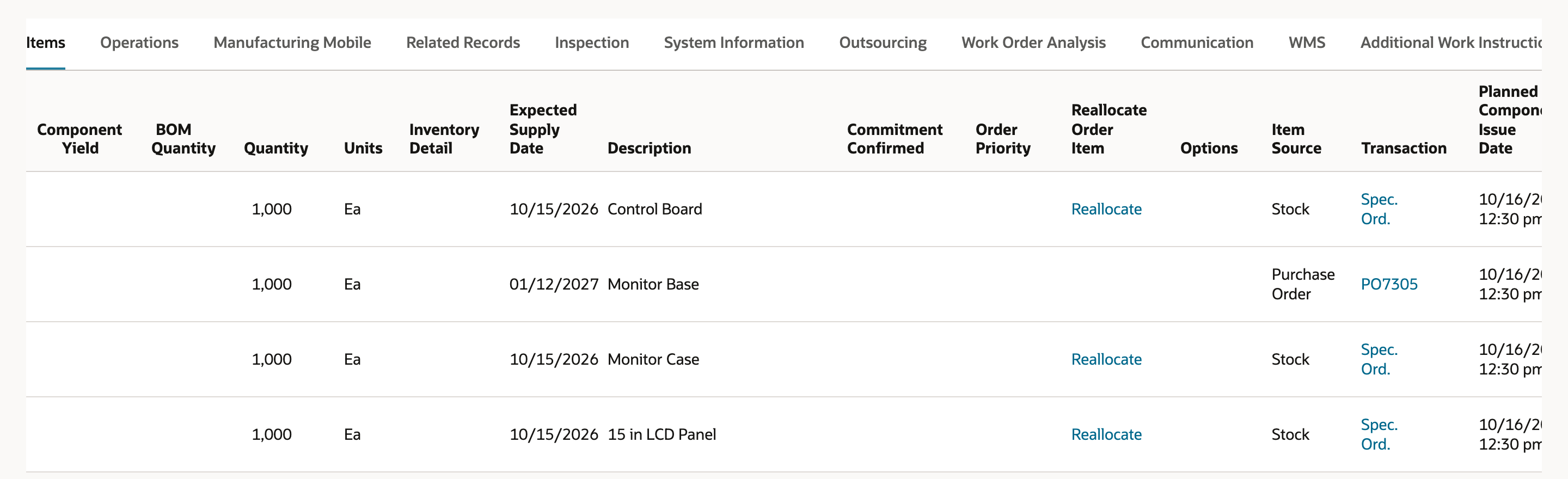 The Items subtab scrolled right, with the MB-100 line showing Expected Supply Date 01/12/2027, Item Source Purchase Order, PO7305 in the Transaction column and no Reallocate link.