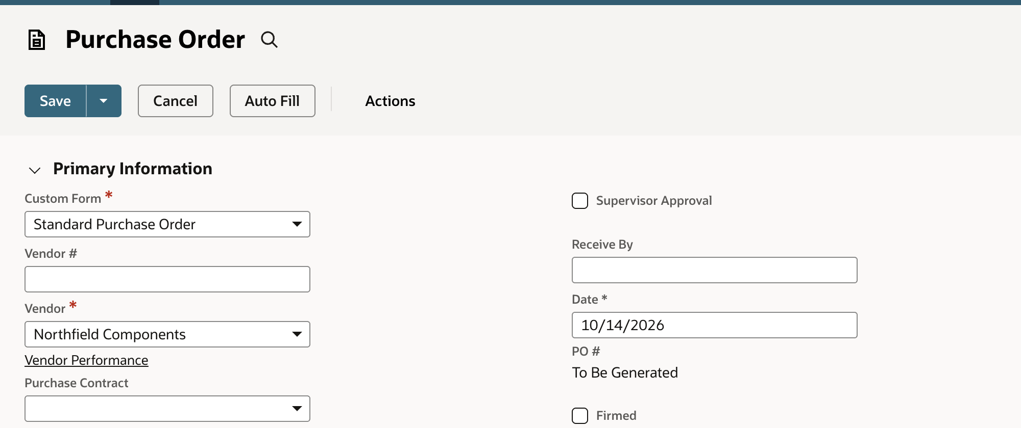 The Vendor field on the new purchase order with Northfield Components chosen.