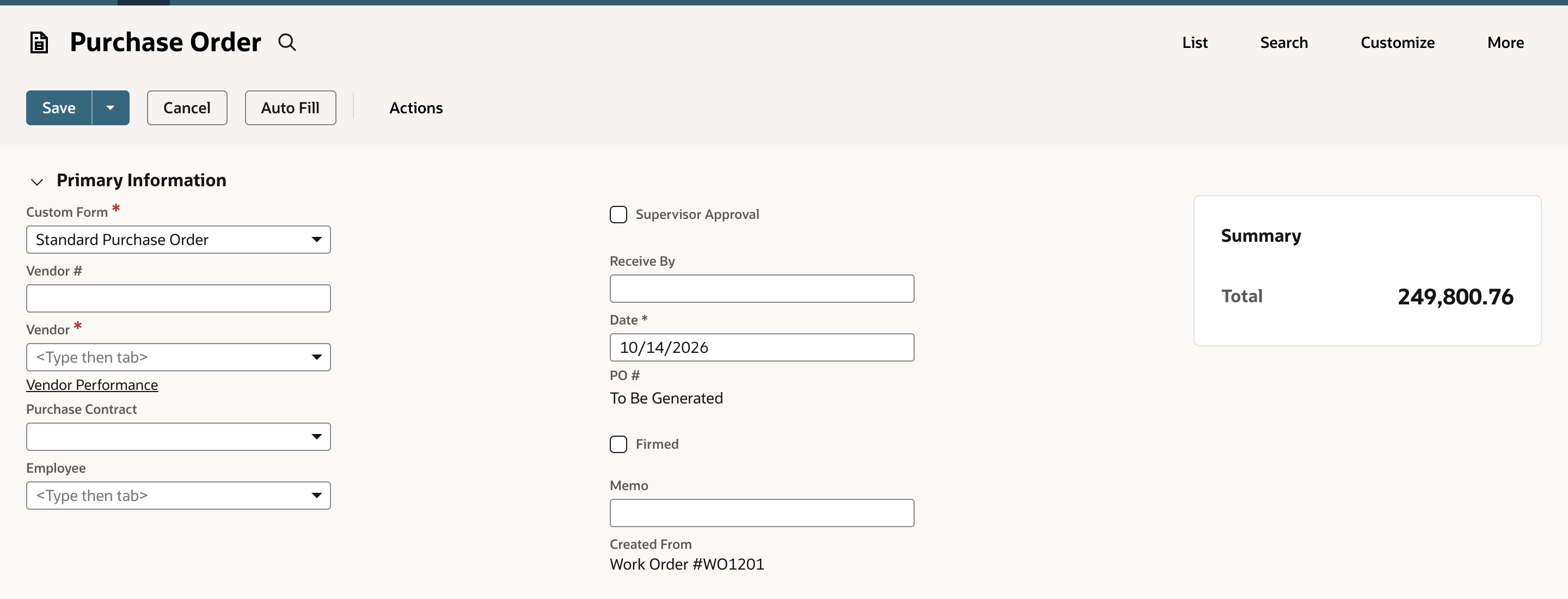 The new Purchase Order with Created From Work Order #WO1201, an empty required Vendor field and a Summary total of 249,800.76.