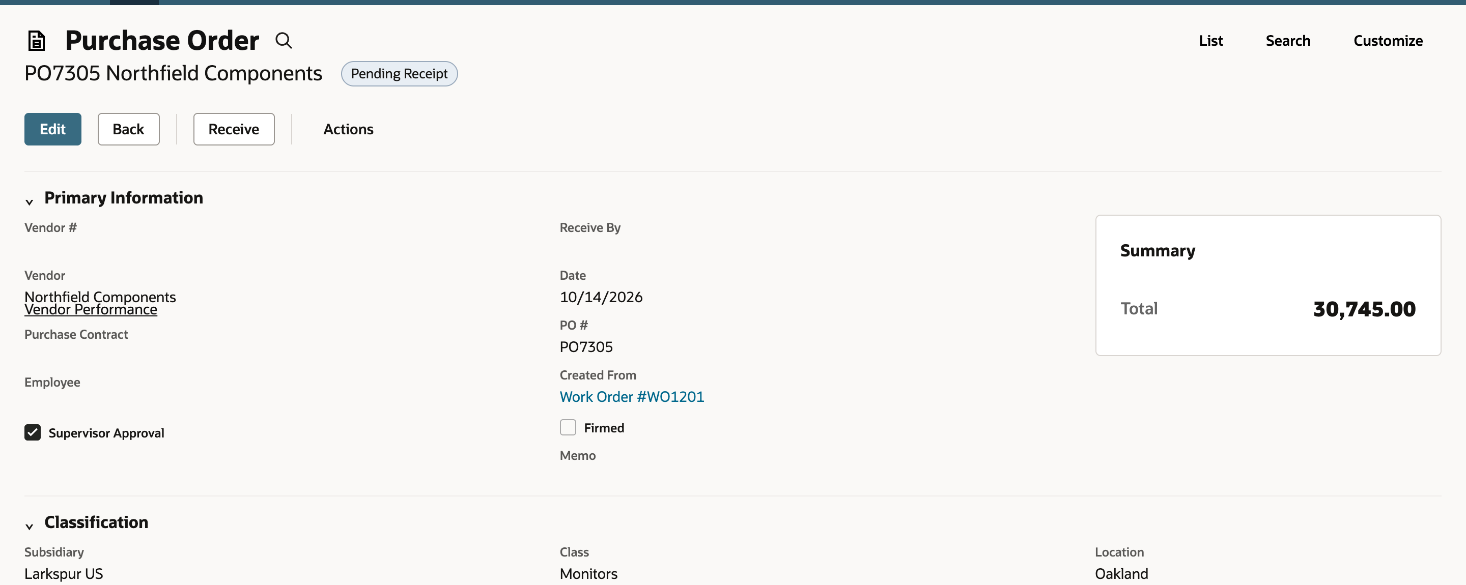 The saved Purchase Order PO7305 Northfield Components with status Pending Receipt, Created From Work Order #WO1201 and a Summary total of 30,745.00.