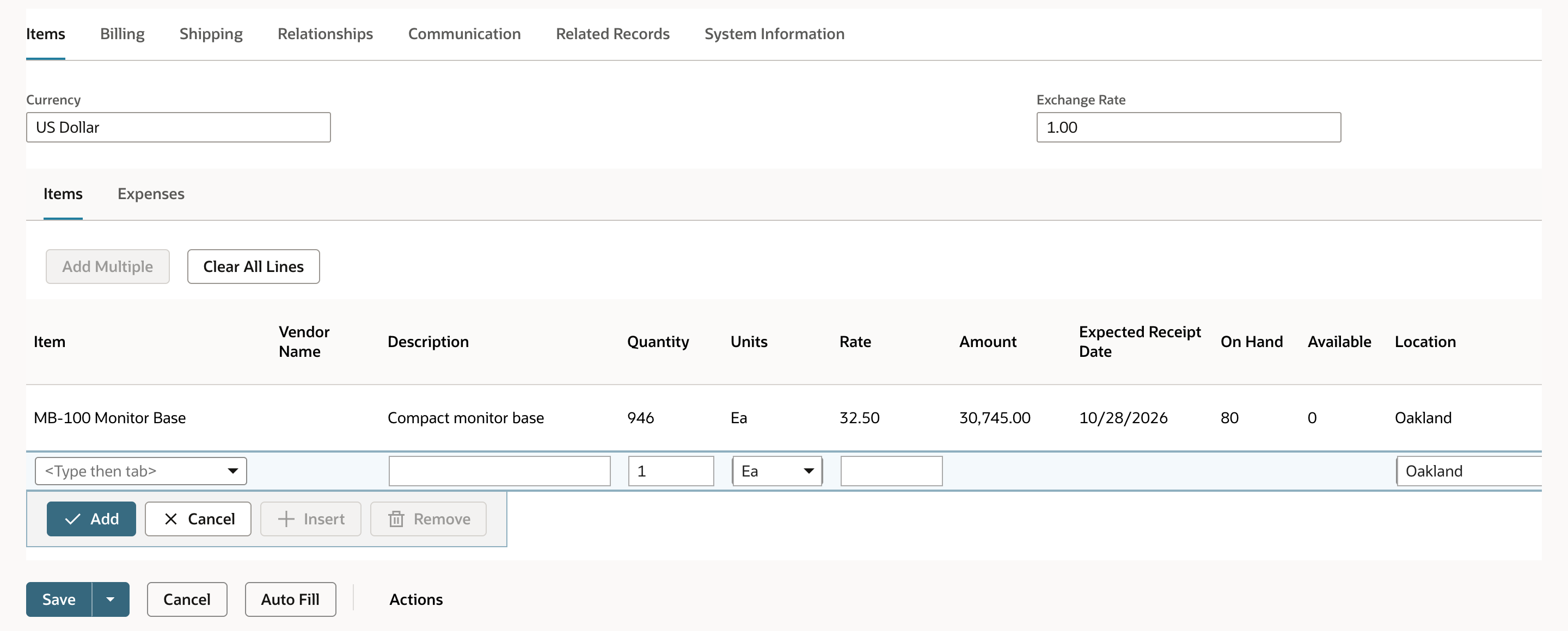 The purchase order Items sublist with only MB-100 Monitor Base left, quantity 946, rate 32.50 and amount 30,745.00.