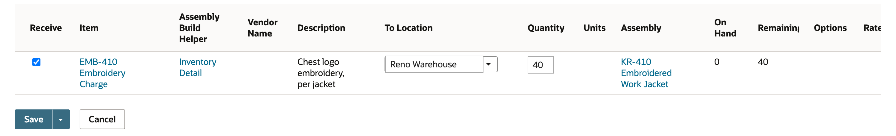 Item receipt line with To Location set to Reno Warehouse, Quantity 40 and Remaining 40, above the Save button. An arrow points to the To Location field.