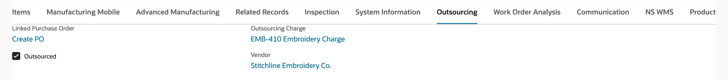 Work order Outsourcing subtab with Linked Purchase Order showing Create PO, Outsourced checked, Outsourcing Charge EMB-410 Embroidery Charge and Vendor Stitchline Embroidery Co. An arrow points to Create PO.