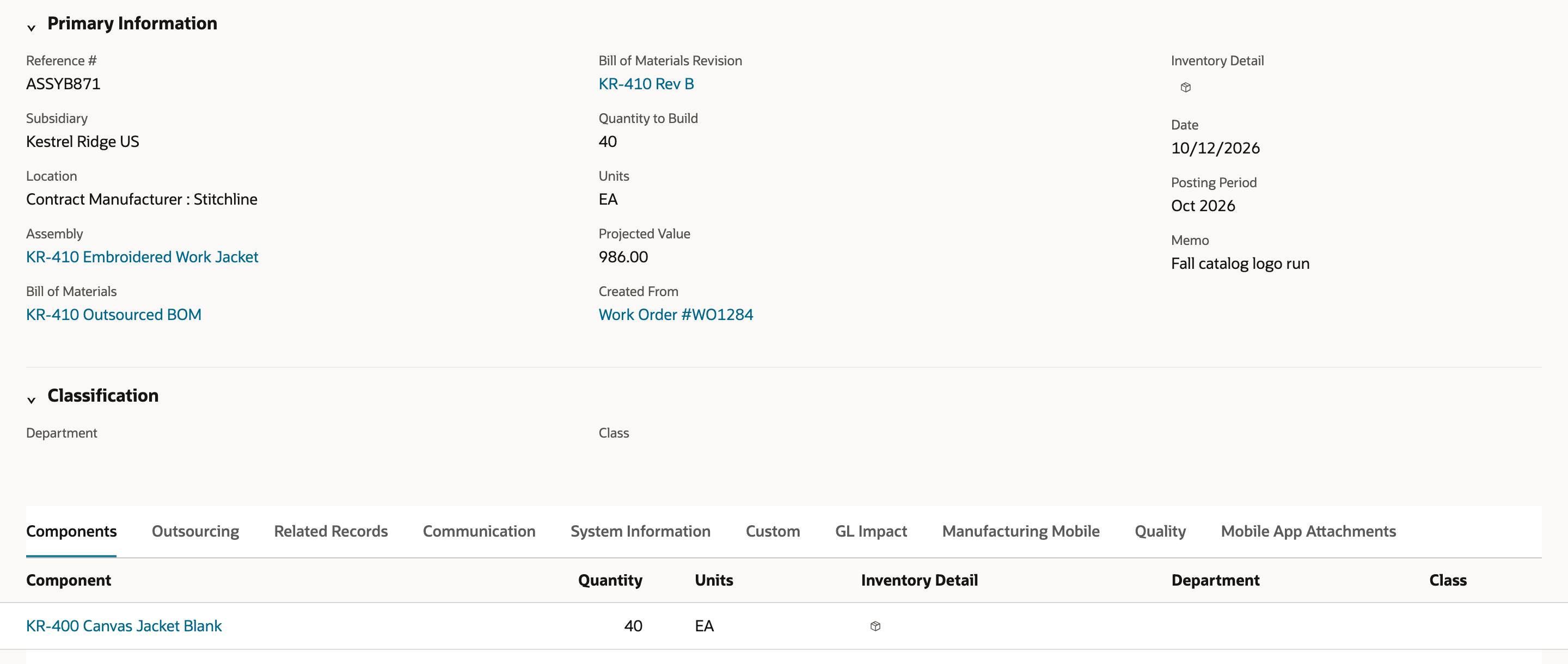 Assembly Build ASSYB871: Location Contract Manufacturer : Stitchline, Quantity to Build 40, Projected Value 986.00, Created From Work Order #WO1284. The Components subtab lists KR-400 Canvas Jacket Blank, quantity 40. An arrow points to 986.00.