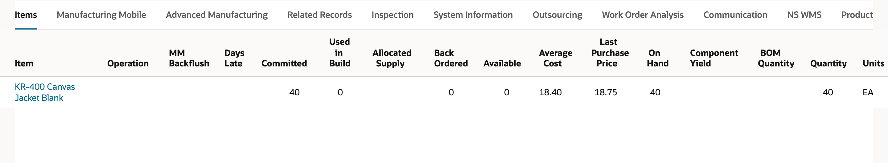 Work order Items subtab. KR-400 Canvas Jacket Blank shows Committed 40, Average Cost 18.40, Last Purchase Price 18.75, On Hand 40 and Quantity 40. An arrow points to 18.40.