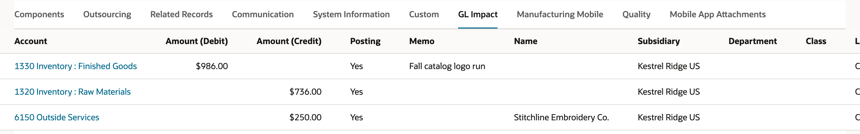 Assembly build GL Impact with three lines: 1330 Inventory : Finished Goods debit $986.00, 1320 Inventory : Raw Materials credit $736.00, and 6150 Outside Services credit $250.00 with Name Stitchline Embroidery Co.