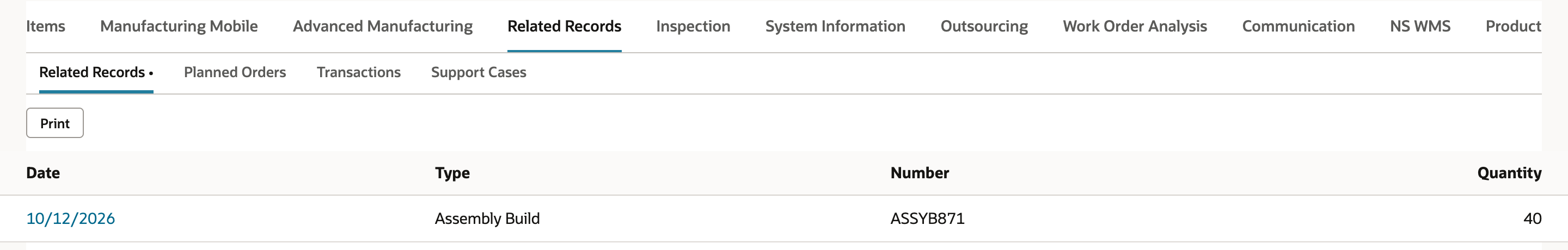 Work order Related Records subtab with one row: 10/12/2026, Assembly Build, ASSYB871, quantity 40.