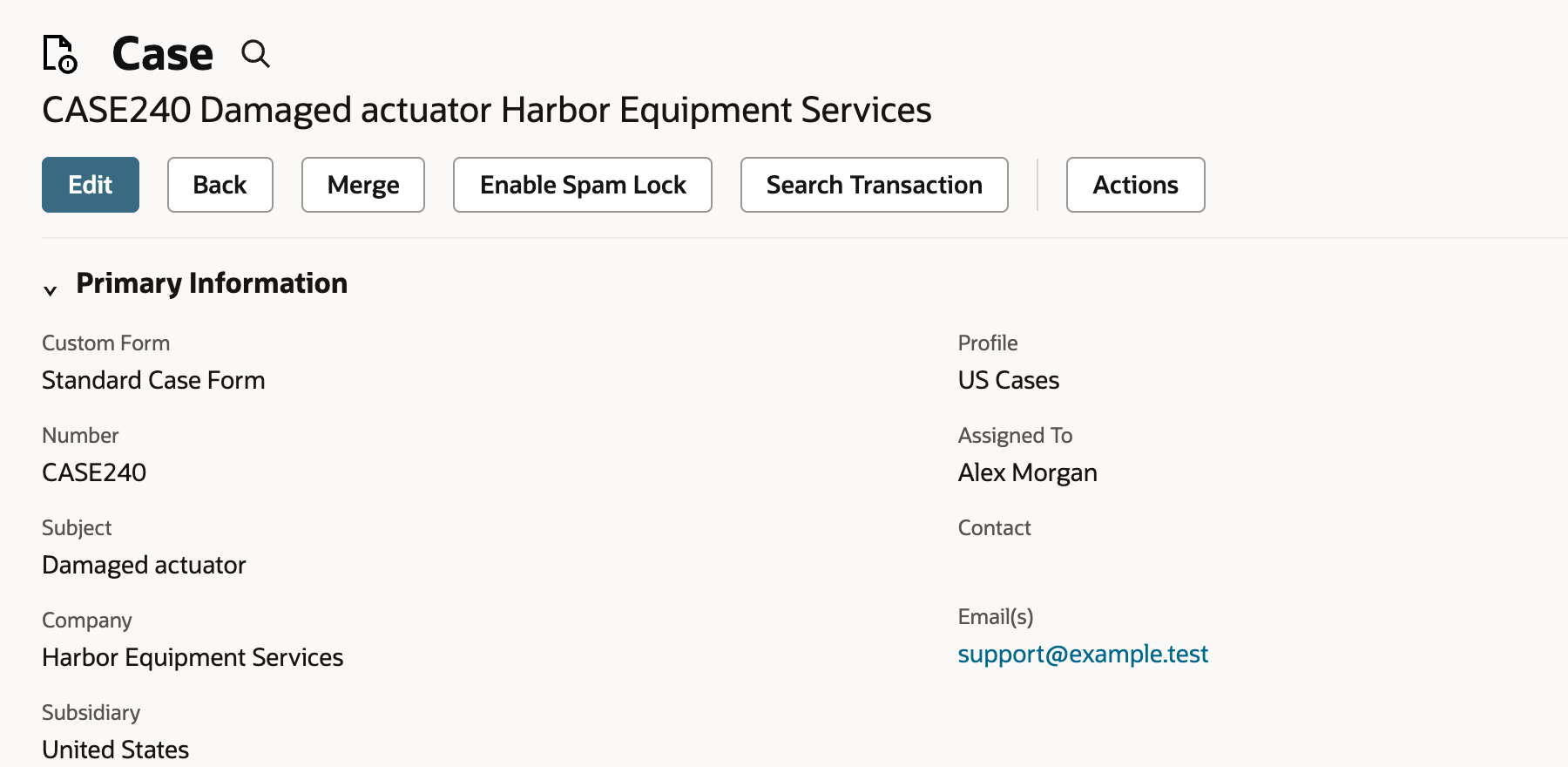 CASE240 shows Harbor Equipment Services and the Search Transaction button.