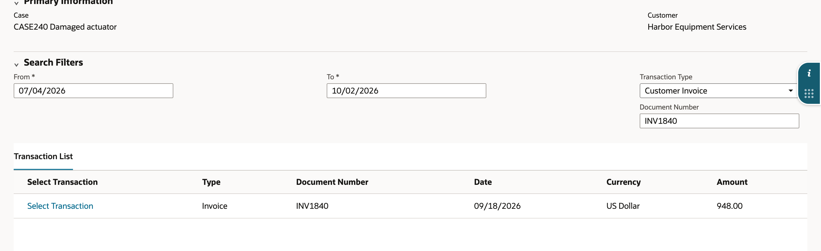 Search Transaction returns invoice INV1840 for 948.00 after the customer invoice filters are applied.