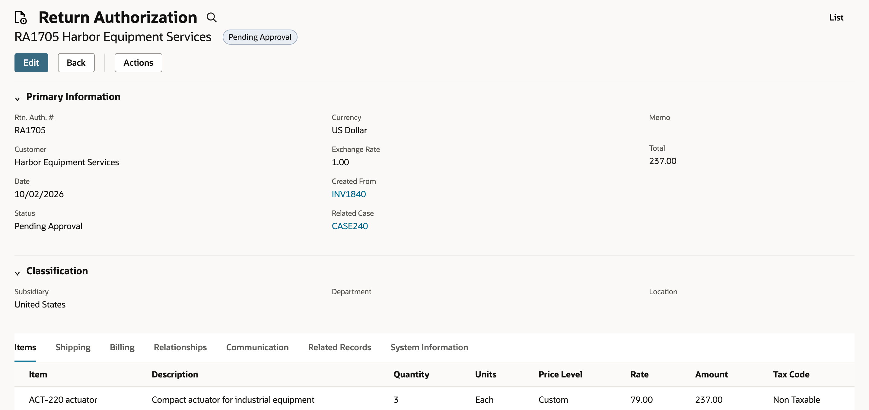 Saved return authorization RA1705 has three ACT-220 units, total 237.00, and Pending Approval status.