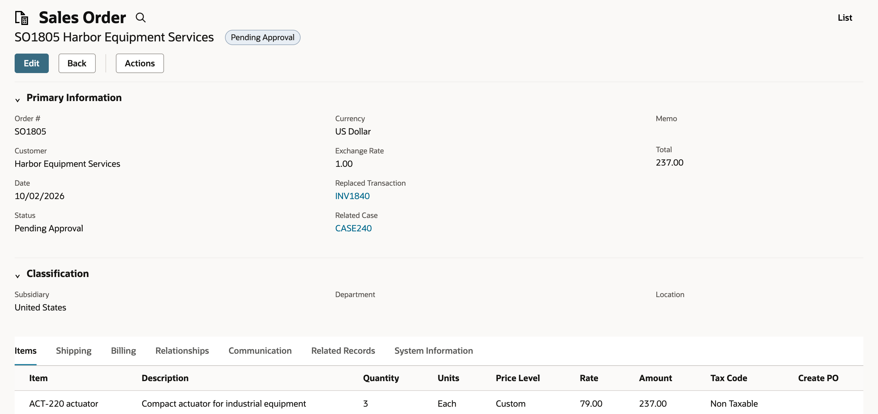Replacement sales order SO1805 contains three ACT-220 units for 237.00 and is Pending Approval.
