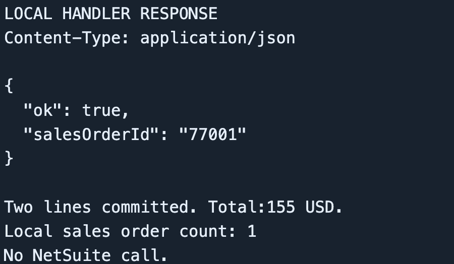 Written local salesOrderId 77001, two committed lines, total 155 USD and count 1.