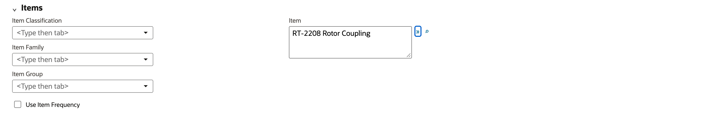 The Items section with RT-2208 Rotor Coupling in the Item box and the other item filters blank.