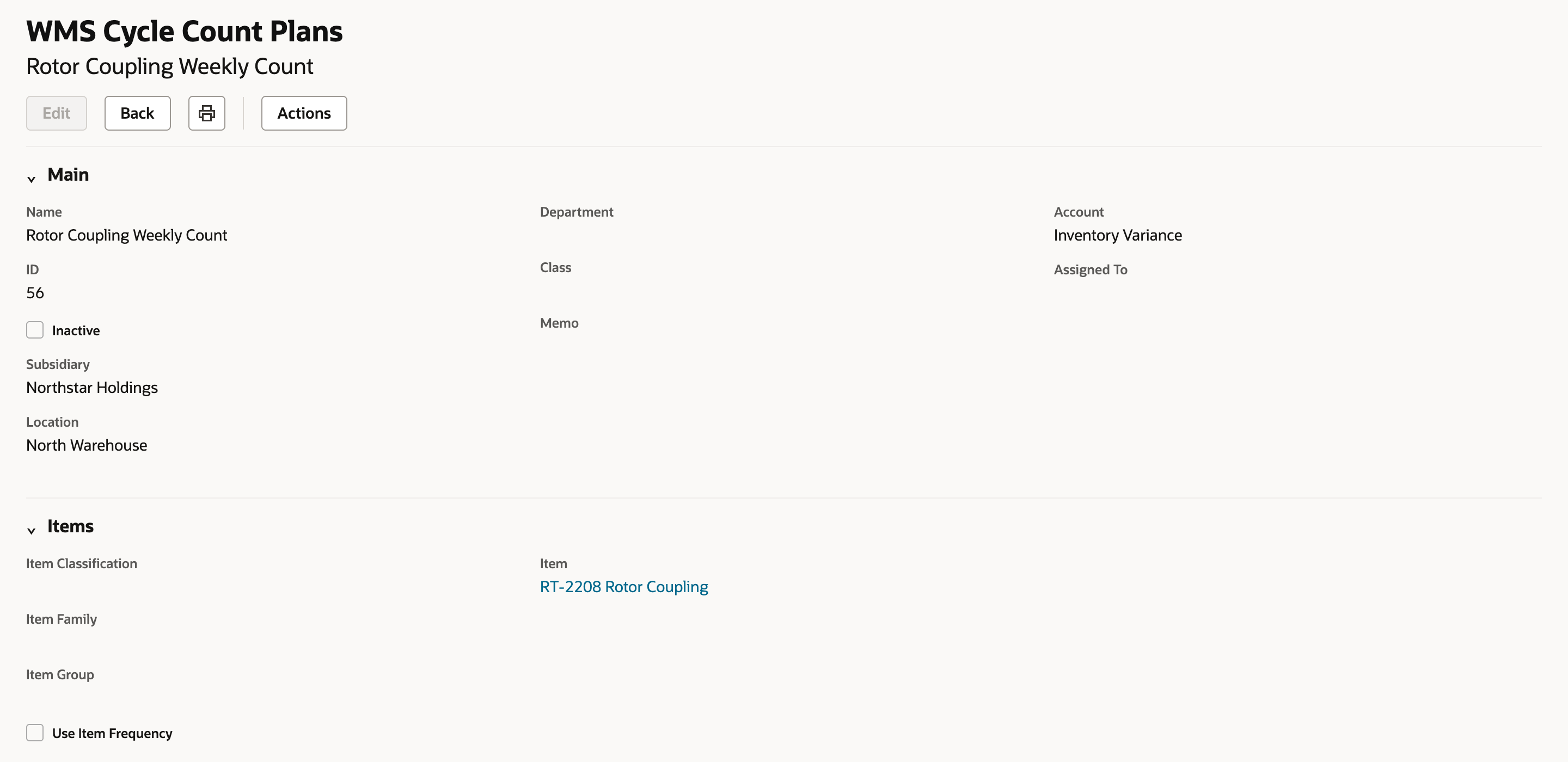The saved plan record showing name, ID, subsidiary, location, account and item.