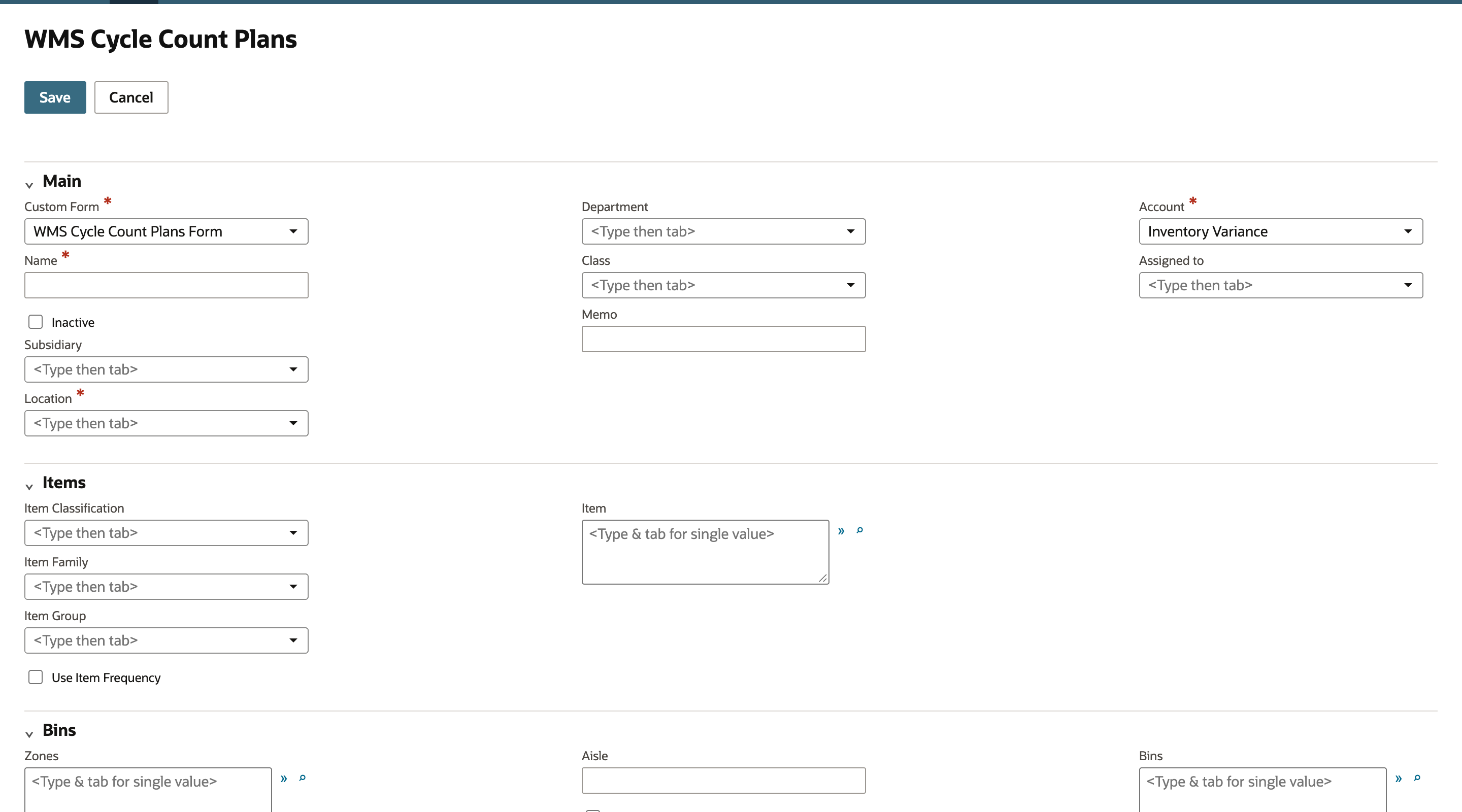 The new WMS Cycle Count Plans form with Main, Items and Bins sections.