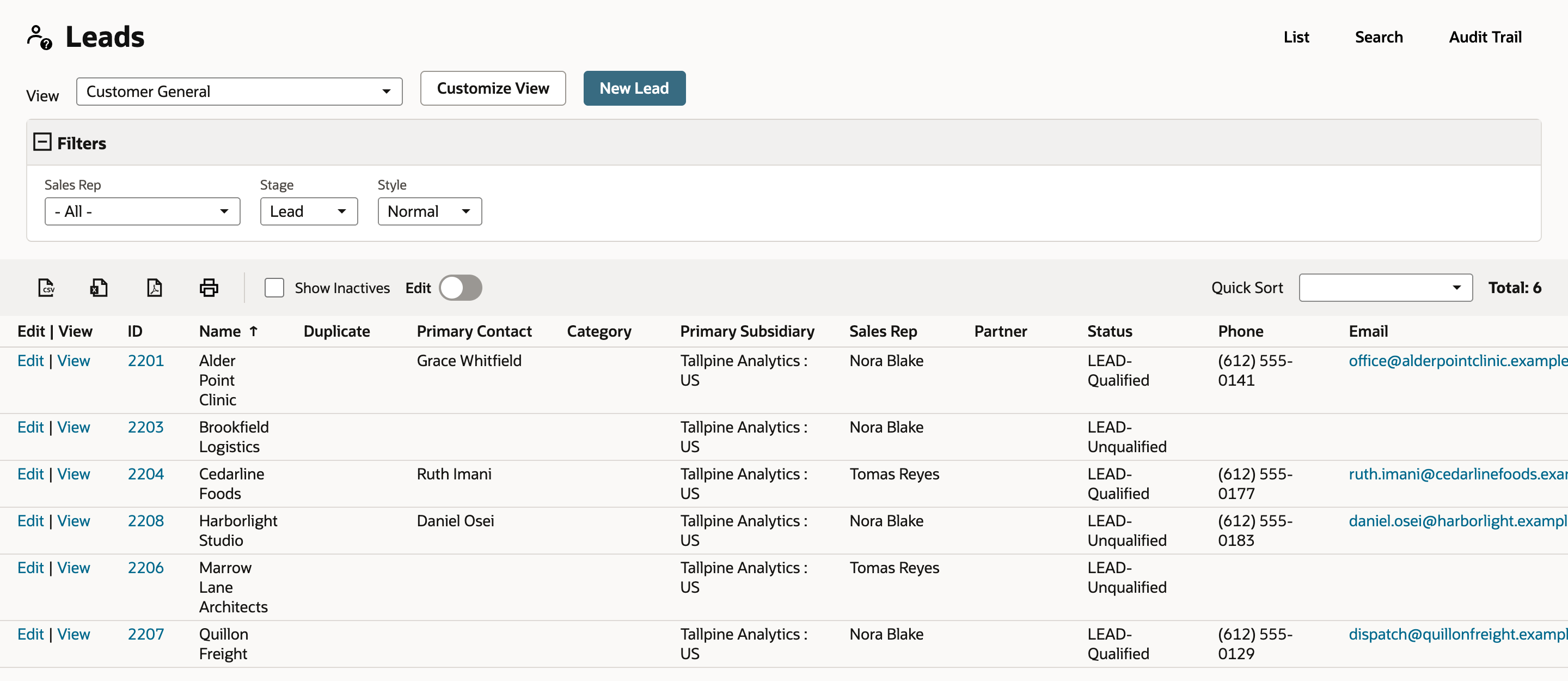 The Leads list with Total: 6. An arrow points to the new row, Harborlight Studio, ID 2208, with Primary Contact Daniel Osei, Sales Rep Nora Blake, Status LEAD-Unqualified, (612) 555-0183 and daniel.osei@harborlight.example.