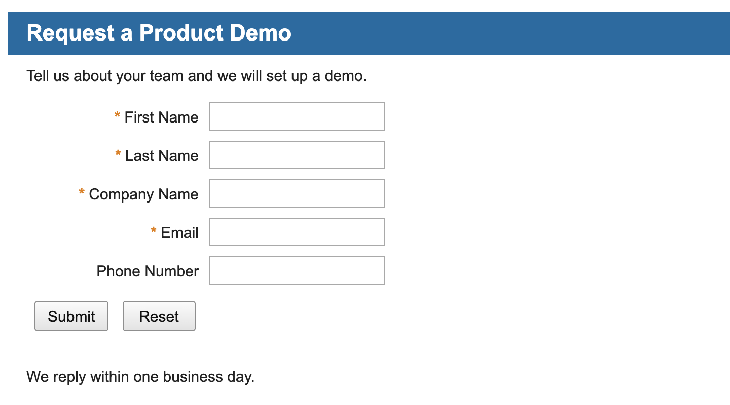 The public Request a Product Demo page with Submit and Reset on the left, directly under the Phone Number field.