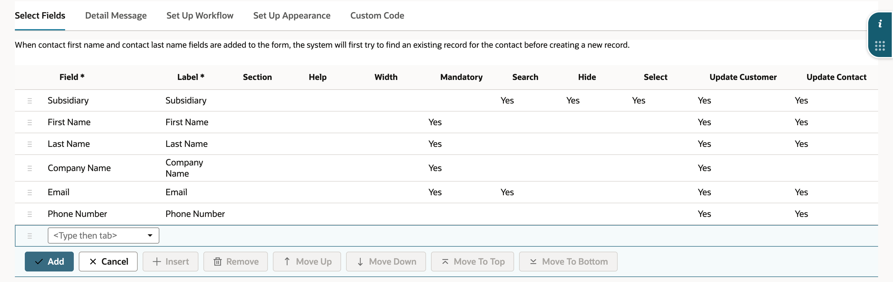 The Select Fields subtab lists Subsidiary, First Name, Last Name, Company Name, Email and Phone Number. First Name, Last Name, Company Name and Email show Mandatory Yes. Email also shows Search Yes, and an arrow points to it.
